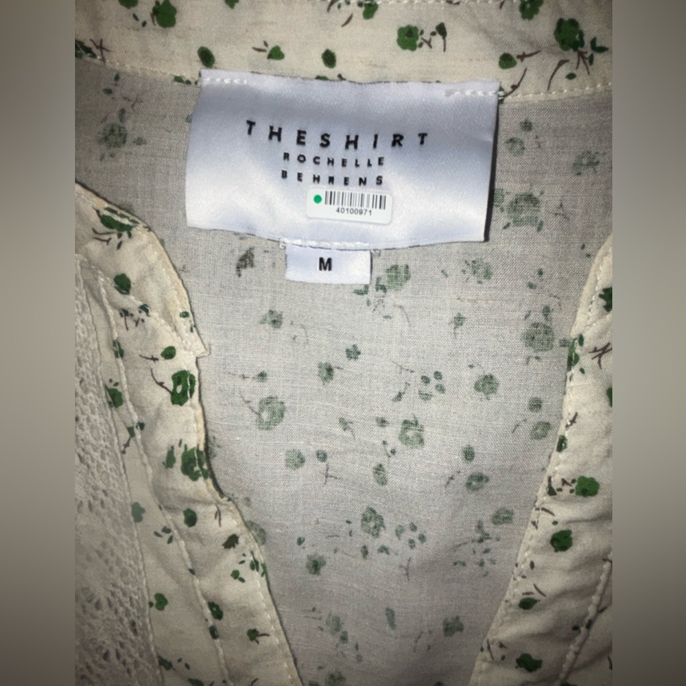 The Shirt by Rochelle Behrens Cream Green Floral Print Lace Button Down Womens M - Picture 3 of 6